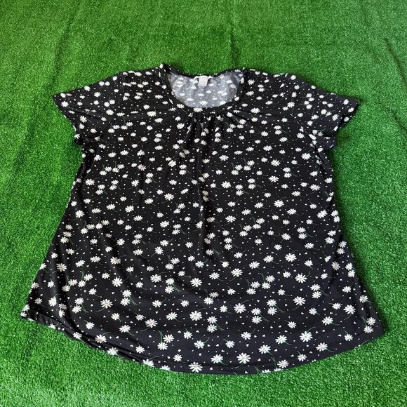 Emily Stacy Short Sleeve Round Neck Super Soft Black Floral T-Shirt Plus Size 3X - Picture 1 of 13